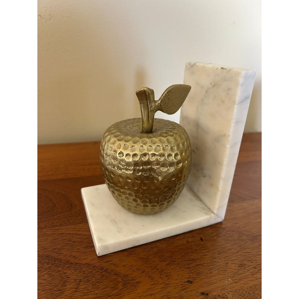 Vtg, Hammered Solid Brass Apple on White Marble Base